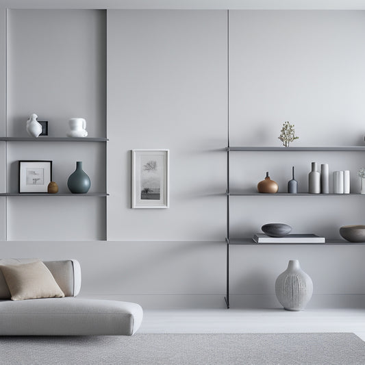 A minimalist, modern living room with a few sleek, wall-mounted shelves in different shapes and sizes, holding a few decorative items, against a light-gray background.
