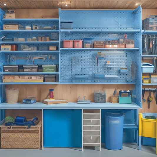 A clutter-free workshop with a pegboard adorned with neatly organized tools, a labeled storage cabinet, and a shelving unit with bins and baskets, surrounded by a clean and tidy floor.