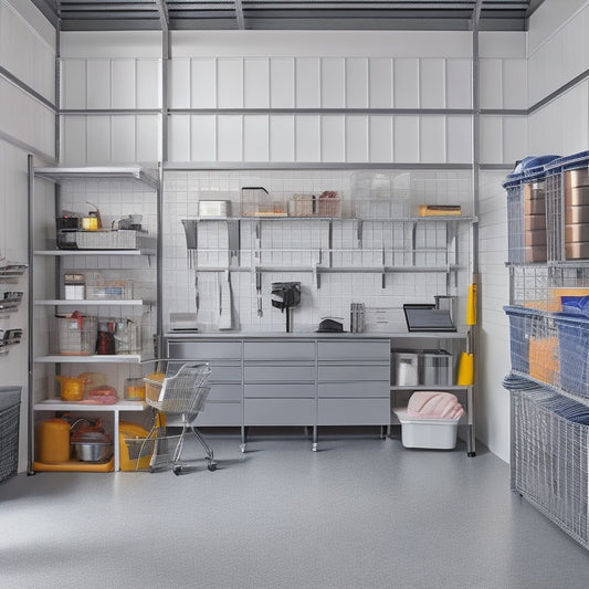 A well-organized garage with a sleek, silver slatwall, holding various bins, baskets, and hooks, alongside a floor-to-ceiling shelving unit, and a compact workstation with a built-in vice.