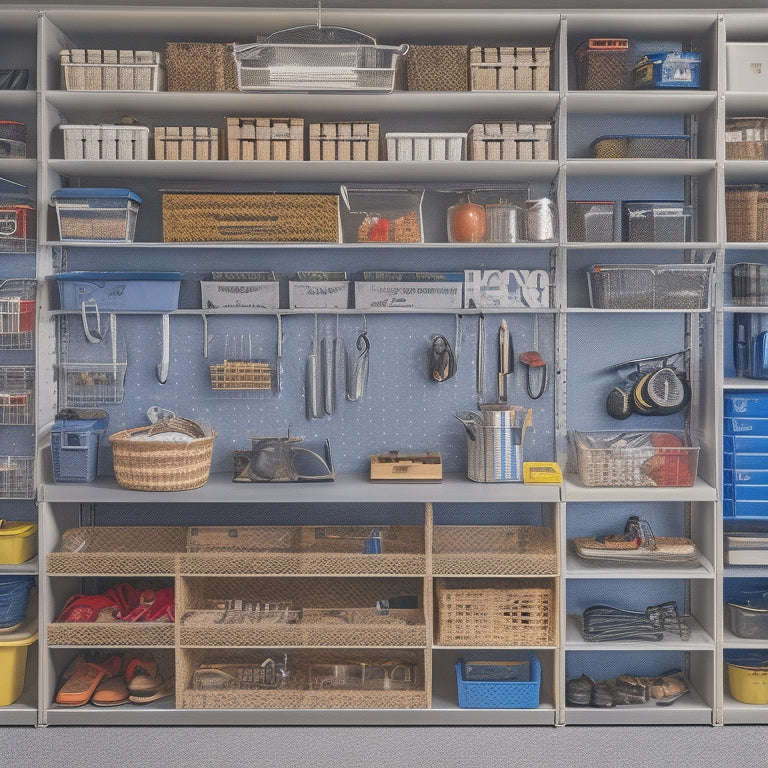 A well-organized garage with a slatwall featuring hooks, bins, and baskets, alongside a pegboard with tools, and a custom shelving unit with labeled containers and a foldable workbench.