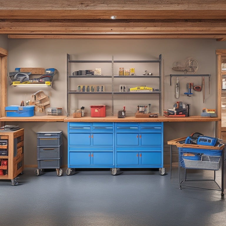 A clutter-free garage with a sturdy, steel-framed rolling workbench featuring multiple drawers, cabinets, and shelves, surrounded by organized tools and a few partially completed projects.