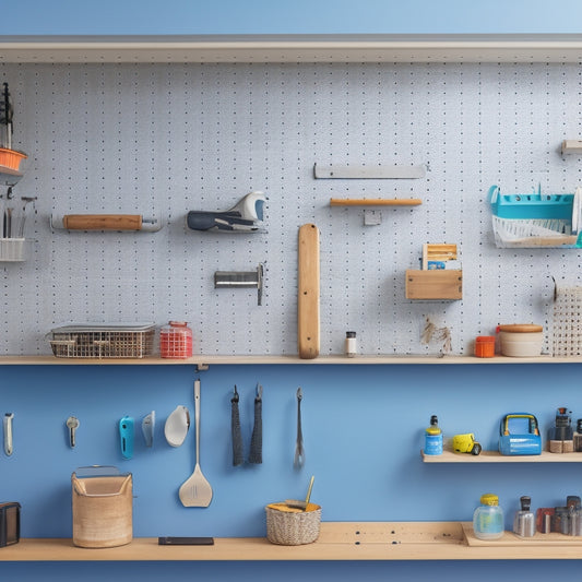 A pegboard wall installation in progress, with a variety of tools and accessories organized on hooks, bins, and shelves, against a clean white background, with a subtle workshop ambiance.