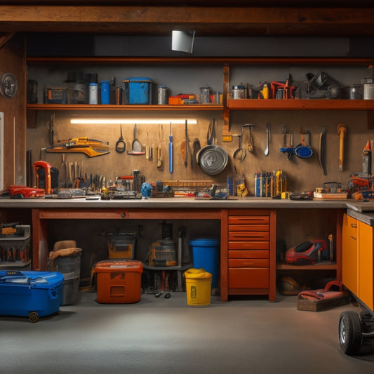 A clutter-free garage with seven tool boxes of varying sizes and styles, arranged around a sturdy workbench with a vice, surrounded by neatly organized hand tools and power tools.
