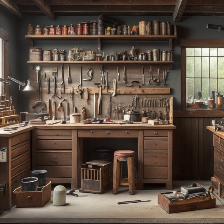 A tidy workshop with a wooden tool chest in the center, its drawers and compartments open to reveal neatly arranged wrenches, pliers, screwdrivers, and hammers, surrounded by a clean and organized workbench.