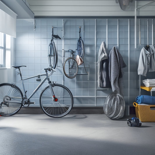 A tidy garage interior with a wall-mounted bike rack holding two sleek, silver bicycles, surrounded by organized storage bins and a few scattered tools, against a clean, gray concrete wall.