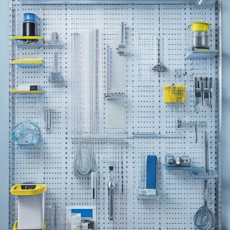 A well-organized pegboard with high-quality accessories: metal hooks in a polished chrome finish, rubber-coated tool holders, and a sturdy, adjustable shelf, all neatly arranged against a clean, white background.