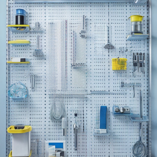 A well-organized pegboard with high-quality accessories: metal hooks in a polished chrome finish, rubber-coated tool holders, and a sturdy, adjustable shelf, all neatly arranged against a clean, white background.