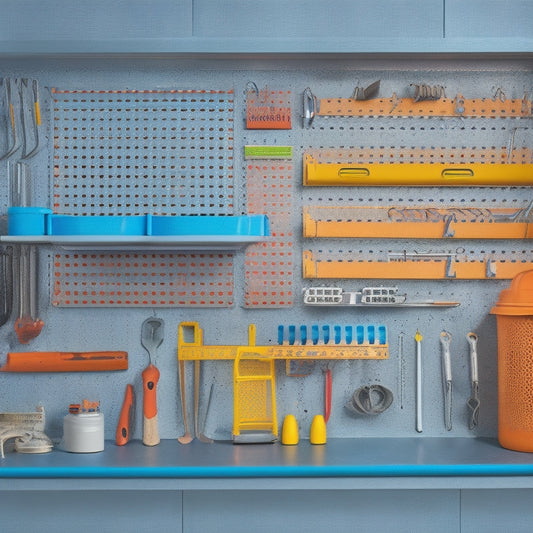 A well-organized pegboard tool cart with various tools and accessories neatly arranged on hooks, bins, and trays, set against a clean, light-gray background with subtle shadows and highlights.
