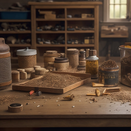 A clutter-free workshop background with a wooden workbench, a DIY-built bit organizer with labeled compartments, and a few bits arranged artfully on top, surrounded by scattered wooden shavings.