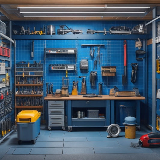 A well-organized garage with a large, stainless steel tool cabinet in the center, surrounded by neatly arranged power tools, wrenches, and automotive equipment on pegboards and shelves.