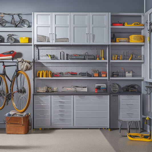 A well-organized garage with a sleek, gray tool storage cabinet featuring multiple drawers, cabinets, and a pegboard, surrounded by neatly arranged tools, bikes, and sports equipment.