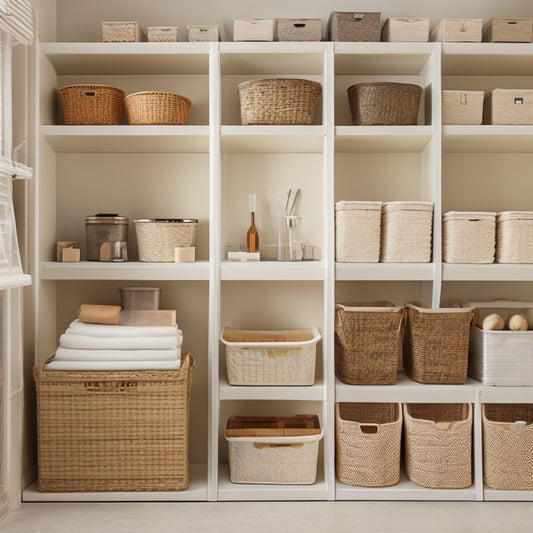 A tidy storage room with three shelves of varying heights, each lined with neatly organized bins, baskets, and boxes in a soft, calming color palette, against a creamy white background.