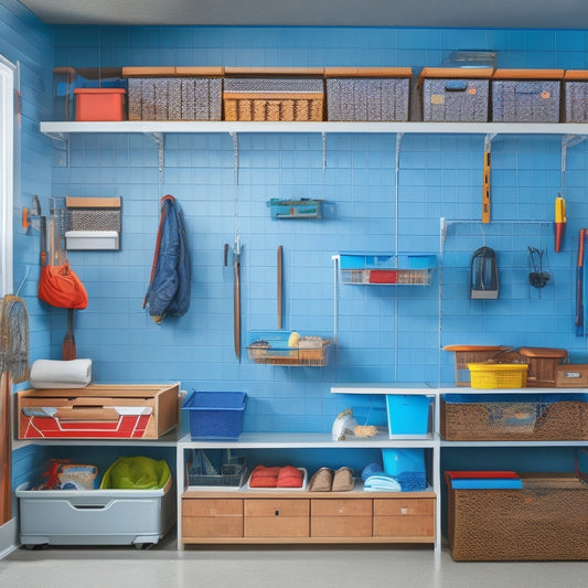 A tidy garage with a slatwall featuring colorful bins, baskets, and hooks, a labeled pegboard, a rolling tool chest, and a few well-organized shelves with a minimalist backdrop.