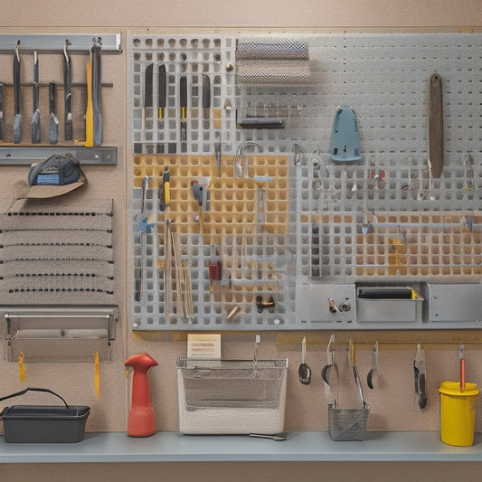 An organized pegboard with various custom tool holders, bins, and hooks in a garage or workshop setting, with a few tools and accessories hanging from the board, against a clean and neutral background.