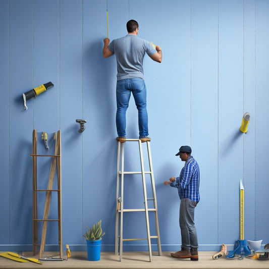 An illustration of a person holding a level, standing on a ladder, and marking a wall with a pencil, surrounded by various types of hooks, screws, and anchors, with a faint grid pattern in the background.