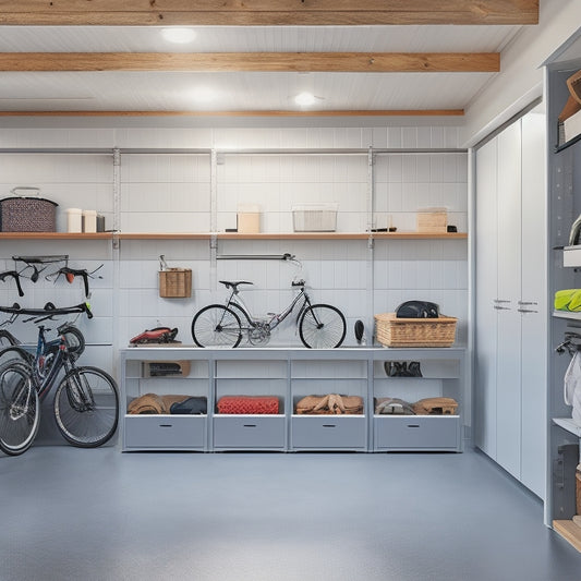 A well-organized garage interior with a slatwall, pegboard, and cabinets in a light gray and white color scheme, featuring a sports car, bicycles, and storage bins, with ample natural light.