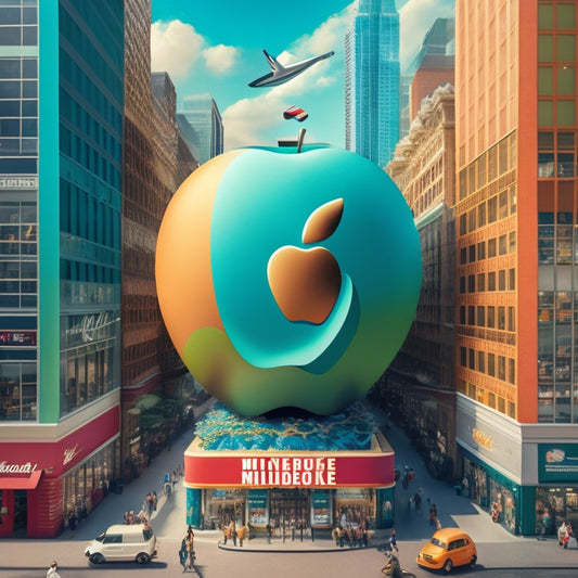 A vibrant, colorful illustration featuring a sprawling shopping mall with various brand logos and icons, such as Nike swooshes, Apple apples, and Starbucks siren, floating above storefronts.