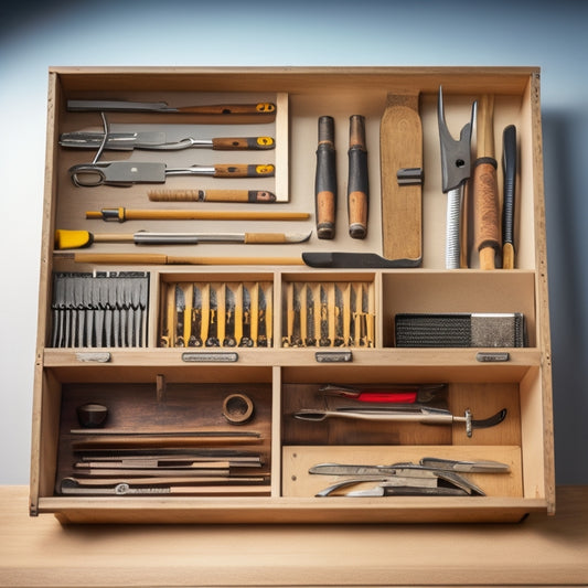A clutter-free, well-organized hand tool box with a wooden or metal exterior, filled with a curated selection of essential tools, including a tape measure, pliers, screwdrivers, wrenches, and a hammer, arranged in a visually appealing way.