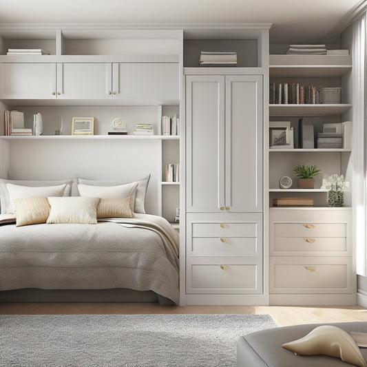 Render an image of a compact, clutter-free bedroom with a murphy bed, built-in shelving, and a storage ottoman, set against a calming white and gray color scheme with plenty of natural light.