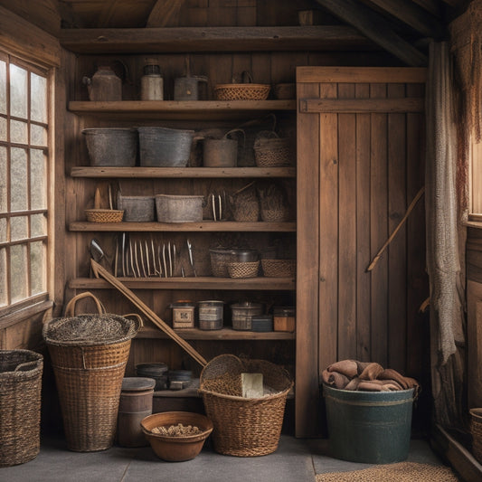 A rustic wooden shed with open doors, revealing a neatly organized interior: rows of metal hooks holding various farm tools, baskets filled with gloves and seeds, and a pegboard with attached smaller items.