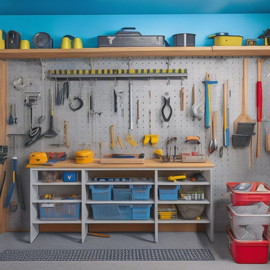 A clutter-free garage with a pegboard system on a wall, holding various tools and accessories, such as a hammer, level, wrench, and bins, with a workbench and organized storage bins in the background.