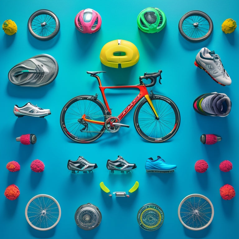 A colorful, symmetrical composition featuring a variety of cycling shoes arranged in a circular pattern around a sleek, silver road bike, set against a gradient blue and green background.