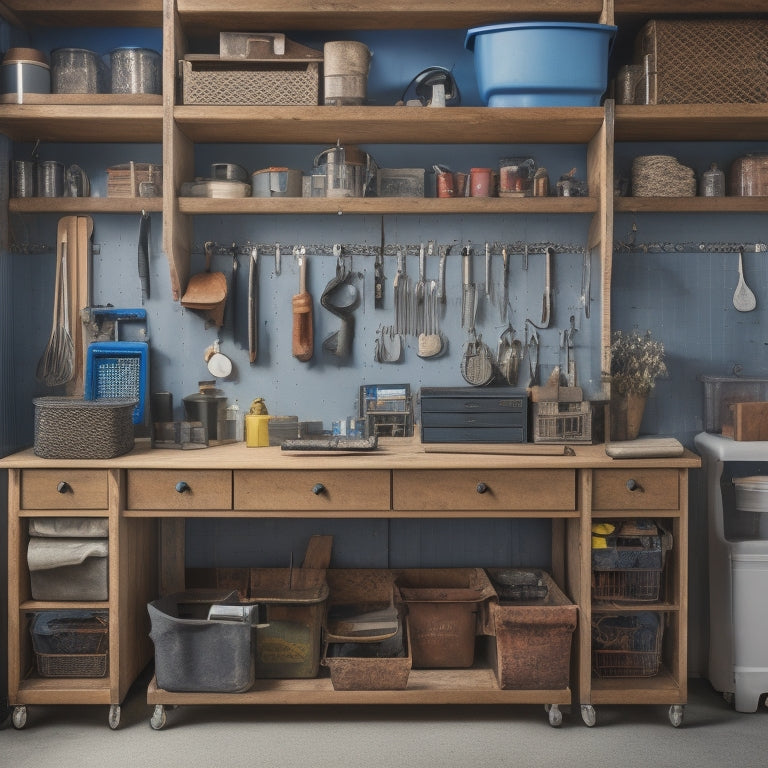 A well-organized workshop with a pegboard on the back wall, hooks holding cords and tools, and a rolling cabinet with labeled drawers, surrounded by a clean and clutter-free floor.