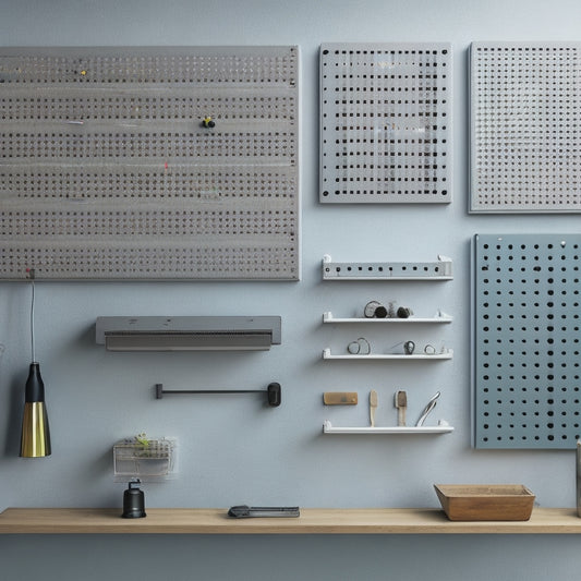 A sleek, modern pegboard with interchangeable modules in varied shapes and sizes, mounted on a light gray wall, with a few modules removed to reveal a hidden storage compartment behind.