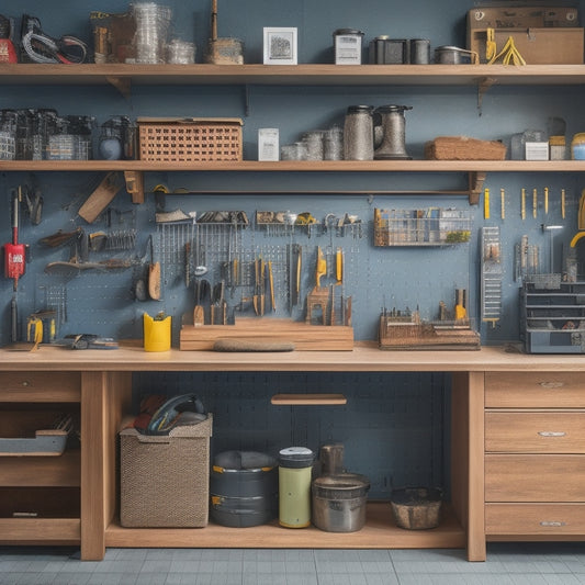 A clutter-free workbench with a pegboard on the back wall, holding neatly arranged tools and accessories, alongside a wooden cabinet with labeled drawers and a small parts organizer on top.