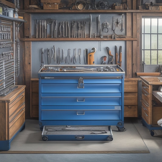 A clutter-free workshop with a sleek, stainless steel tool chest in the center, its drawers open to reveal a neatly organized assortment of wrenches, pliers, screwdrivers, and hammers.