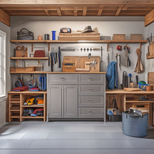 A clutter-free garage with a sturdy wooden bench featuring built-in cubbies, hooks, and a sliding top, surrounded by a variety of tools and accessories, with a subtle background of brushed metal and concrete.