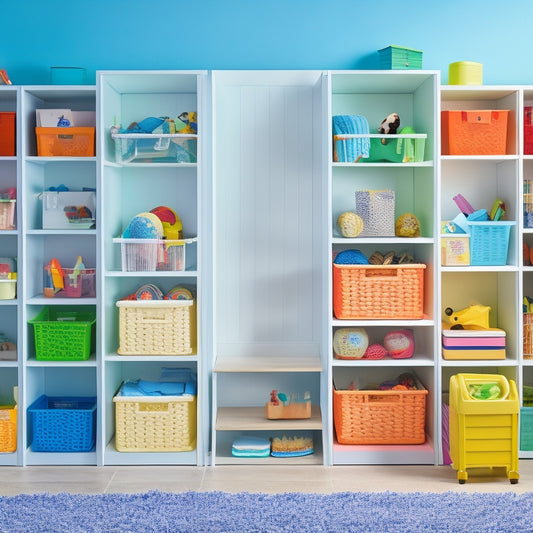 A clutter-free room with three tall, white, five-tiered shelving units, each holding multiple storage bins in various sizes and colors, with a few toys and books visible inside the bins.