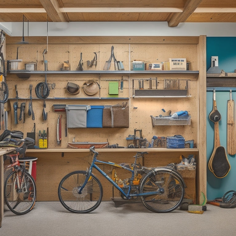 A clutter-free small garage with a Pegboard on the wall, holding various tools and accessories, and a rolling cabinet with labeled drawers, surrounded by a few organized workbenches and a bike hung from the ceiling.