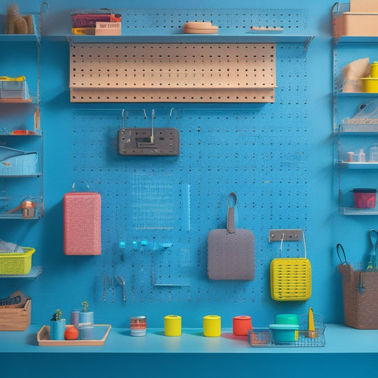 A colorful, clutter-free pegboard with various hooks, bins, and accessories, showcasing organized tools, accessories, and personal items in a modern, minimalist background with soft lighting.