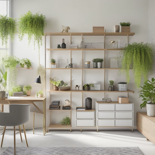 A modern, minimalist room with a floor-to-ceiling shelving system wall featuring adjustable shelves, soft-close drawers, and a built-in desk, surrounded by plants and minimalist decorative items.