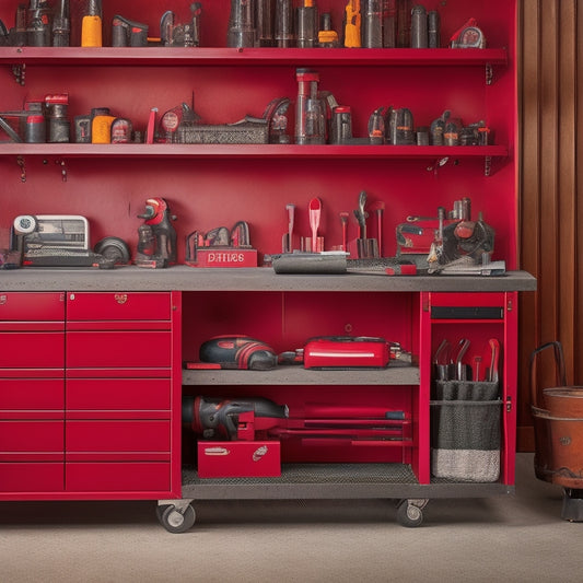 A clutter-free workshop with a central, sturdy, red metal tool chest adorned with chrome handles, surrounded by neatly organized hand tools, power tools, and a pegboard with hooks.