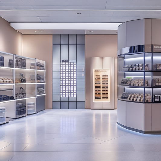 A futuristic retail store interior with sleek, modular peg board displays in muted metallic tones, showcasing a mix of high-tech gadgets and trendy fashion items, surrounded by minimalist shelves and polished concrete floors.