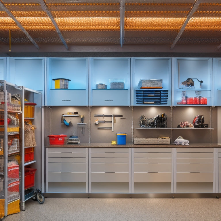 A well-organized garage with sleek, silver cabinets, adjustable shelves, and a slatwall with hooks, baskets, and bins, illuminated by bright, overhead LED lighting and a few, strategically placed task lamps.