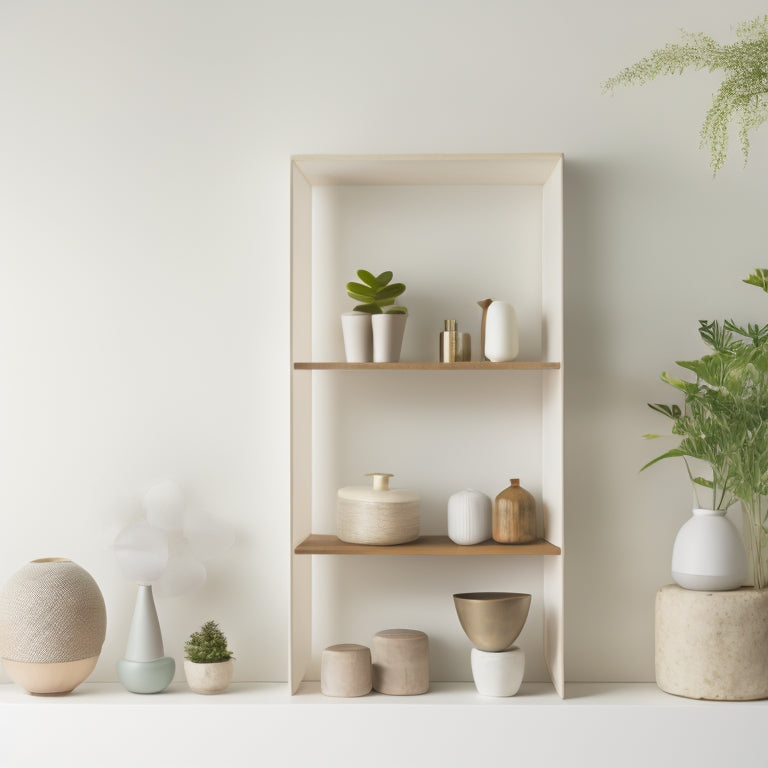 A minimalist, well-lit room with 5-7 small, floating shelves in various shapes and materials, holding a few, carefully curated decorative items and plants, against a soft, creamy white background.