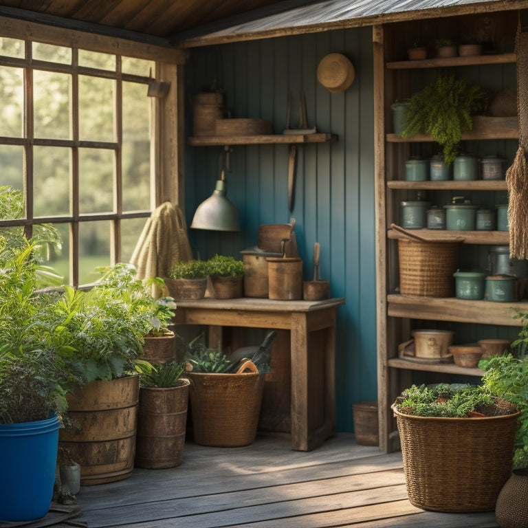 A serene, well-organized garden shed interior with repurposed wooden crates, woven baskets, and vintage metal containers storing gardening tools, surrounded by lush greenery and soft, natural light.