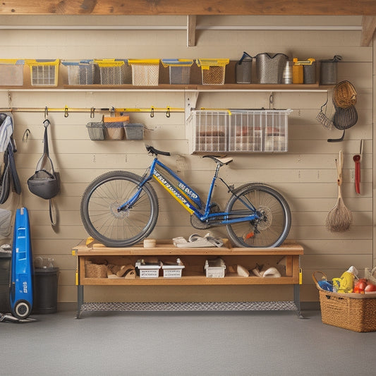 A clutter-free garage with a pegboard adorned with hooks, bins, and baskets, surrounded by labeled storage bins, a toolbox on a workbench, and a few strategically hung bikes and gardening tools.