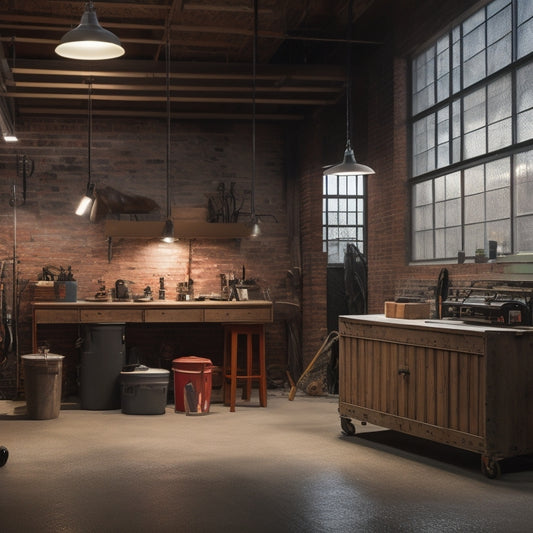 A dimly lit, converted garage with exposed brick walls, polished concrete floors, and industrial-style metal beams, featuring a sleek, low-budget DIY workstation with repurposed wooden crates.