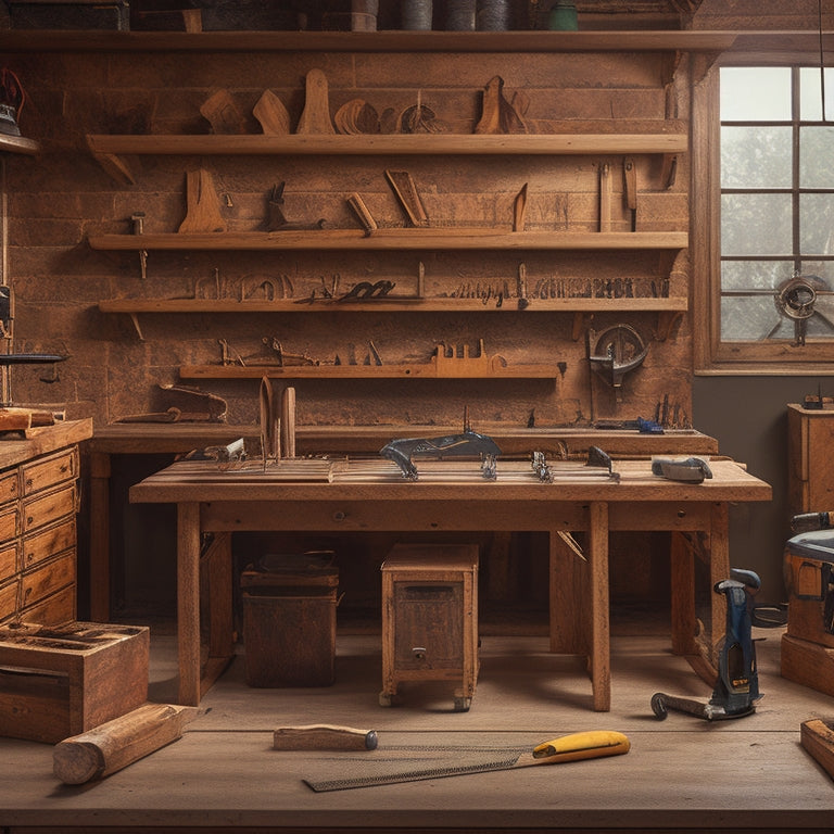 A clutter-free wooden workbench with a variety of organized tools, including a table saw, miter saw, drill press, hand planes, chisels, and measuring tapes, surrounded by half-completed woodworking projects.