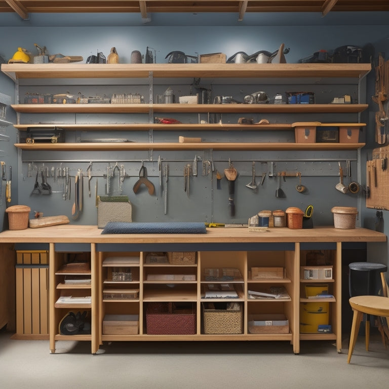 A clutter-free garage with a sturdy, L-shaped workbench featuring multiple tiers of shelving, cabinets, and drawers, surrounded by well-organized tools and equipment, with a pegboard on the back wall.