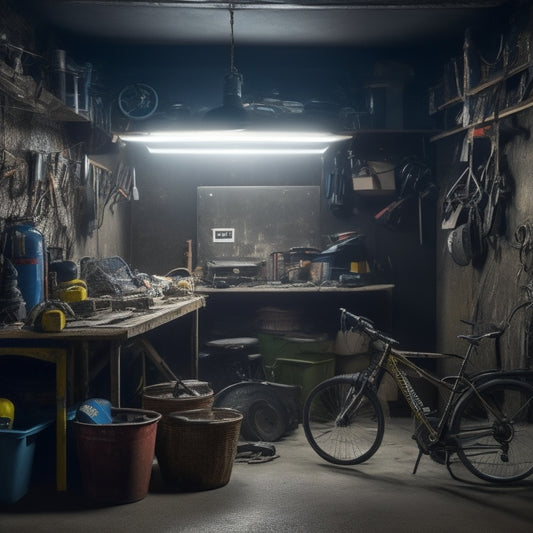 A cluttered garage interior with scattered tools, bicycles, and boxes, dimly lit with a single overhead bulb, and a faint outline of a organized garage in the background, faded like a ghostly vision.