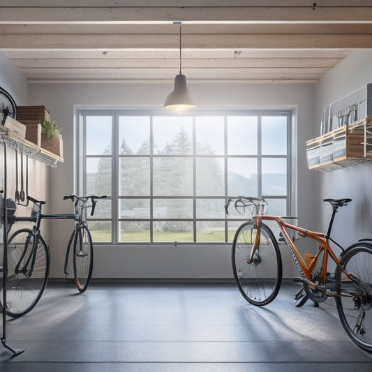 A clutter-free garage with sleek, silver hangers holding bicycles, tools, and storage bins, suspended from a sturdy, ceiling-mounted rack system, illuminated by natural light streaming through a window.