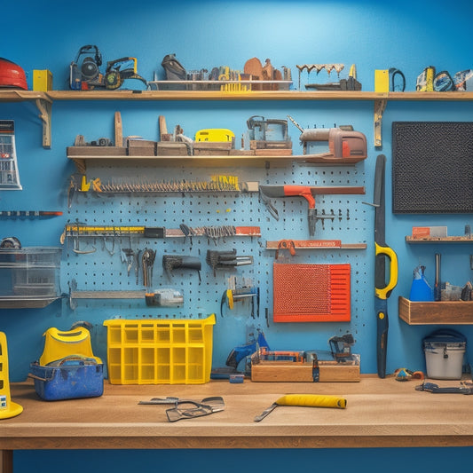 A clutter-free workshop with a well-organized pegboard, a DIYer wearing safety goggles and a tool belt, surrounded by various tools and devices, with a partially installed shelving system in the background.