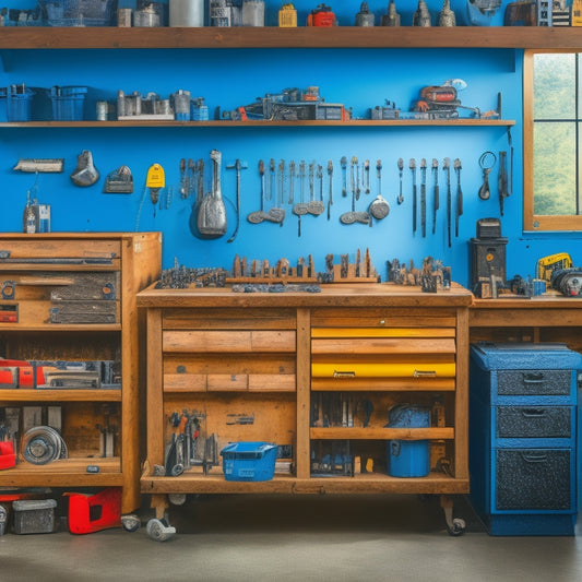 A clutter-free workshop with a machinist's tool chest in the center, surrounded by add-ons like a pegboard with hanging tools, a socket organizer, and a parts tray, all neatly arranged and labeled.