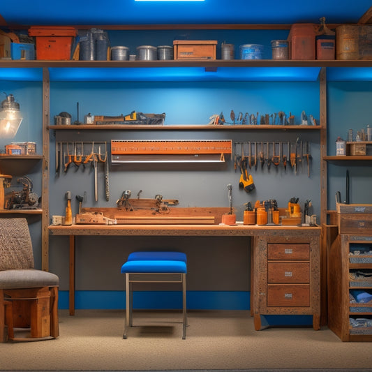 A tidy, well-lit workshop with a pegboard adorned with neatly hung tools, a rolling cabinet with labeled drawers, and a wall-mounted foldable workbench with a vice in the center.