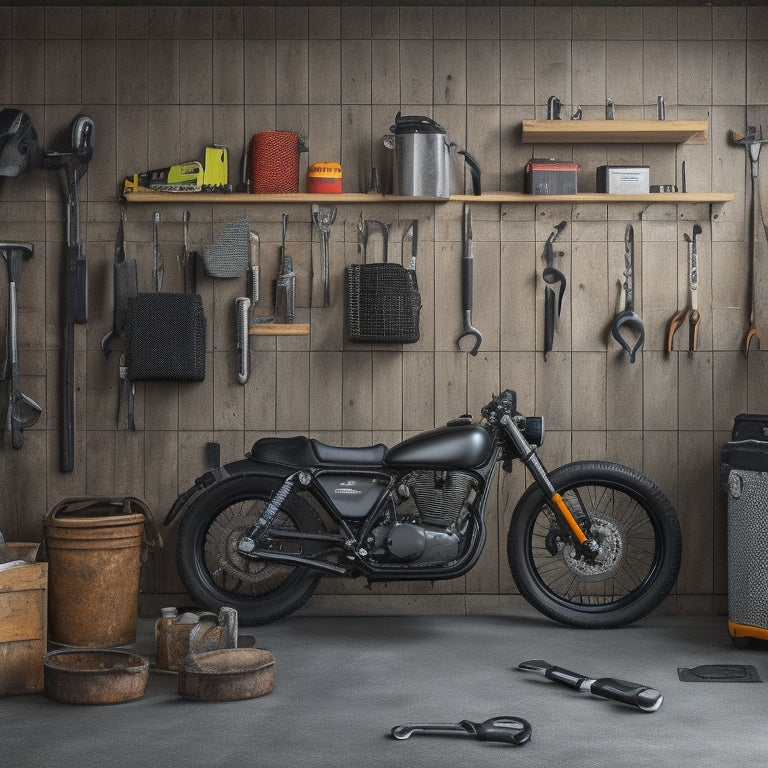 A well-organized garage with a pegboard on a gray concrete wall, holding various motorcycle tools and accessories, including wrenches, pliers, and a helmet, with a sleek black motorcycle in the background.